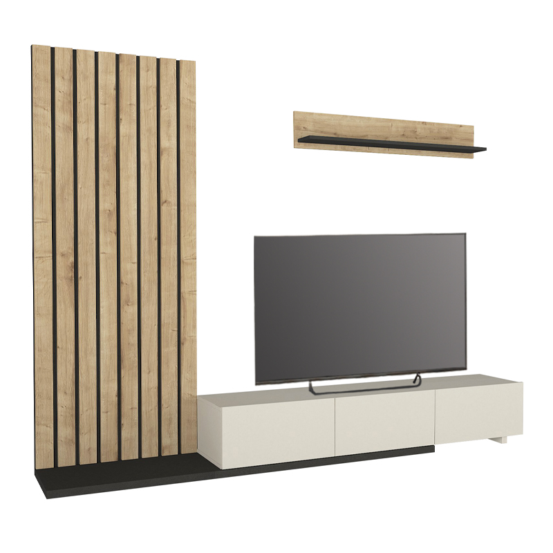 Nagini Megapap melamine tv unit in ivory - sapphire oak - anthracite color 260x39.4x203.6cm.