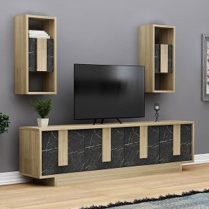 Σύνθεση τηλεόρασης Livorno Megapap από μελαμίνη χρώμα sapphire oak - μαύρο εφέ μαρμάρου 150x27x44εκ.
