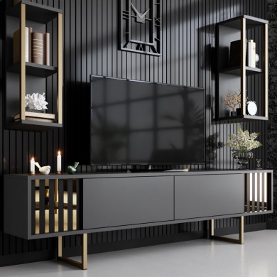Goldline Megapap melamine tv unit in anthracite - gold color 180x30x48cm.