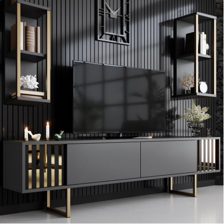 Goldline Megapap melamine tv unit in anthracite - gold color 180x30x48cm.