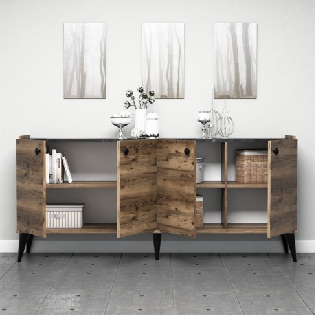 Lidya Megapap melamine buffet in walnut - black marble effect color 182x41x82,5cm.