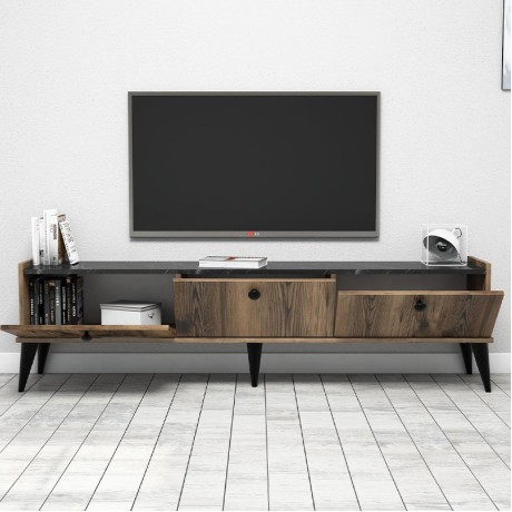 Lidya Megapap melamine tv furniture in walnut - black marble effect color 180x35x49cm.