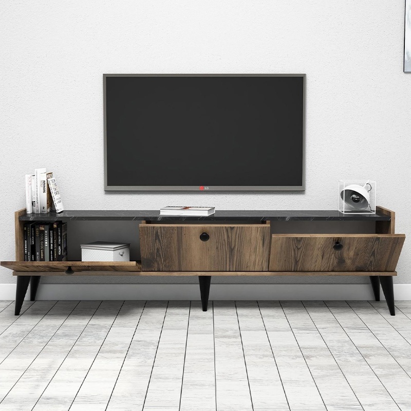 Lidya Megapap melamine tv furniture in walnut - black marble effect color 180x35x49cm.