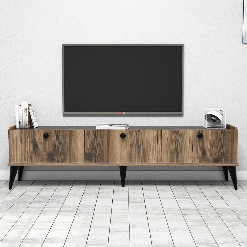 Lidya Megapap melamine tv furniture in walnut - black marble effect color 180x35x49cm.