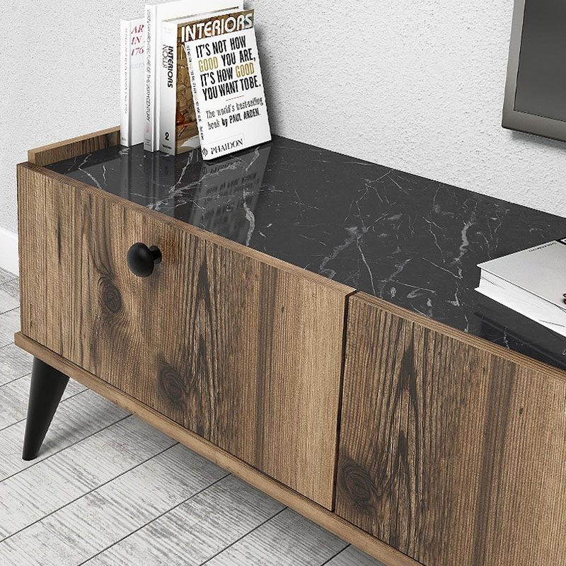 Lidya Megapap melamine tv furniture in walnut - black marble effect color 180x35x49cm.