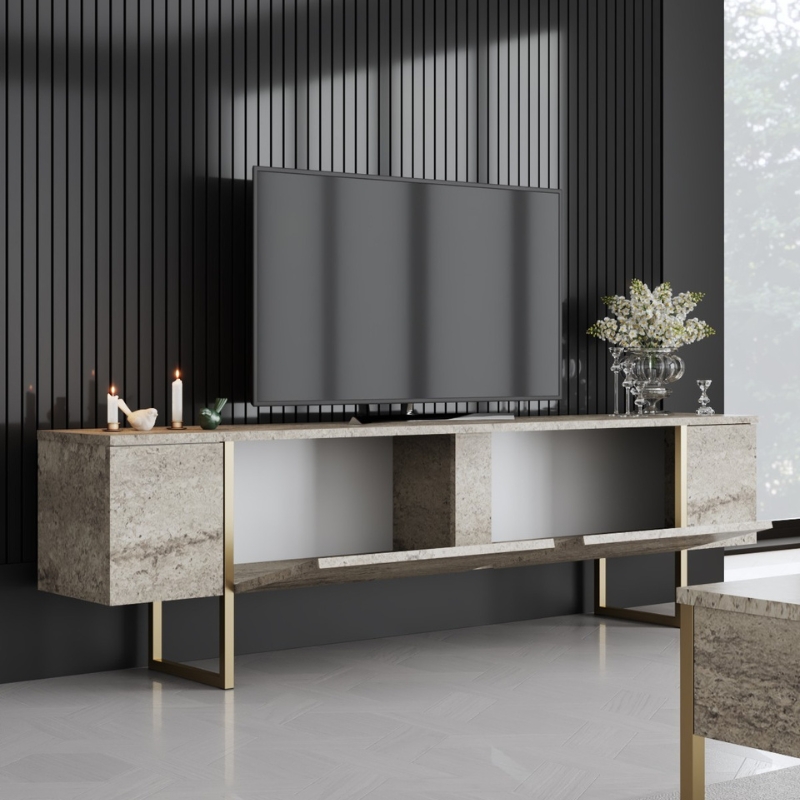Luxe Megapap melamine TV furniture in travertine - gold color 180x30x50cm.