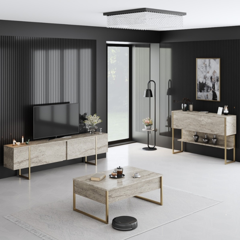 Luxe Megapap melamine TV furniture in travertine - gold color 180x30x50cm.
