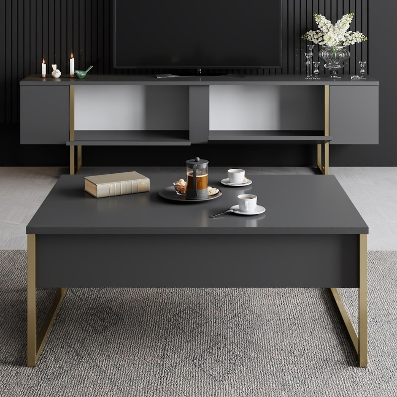 Luxe Megapap melamine TV furniture in anthracite - gold color 180x30x50cm.
