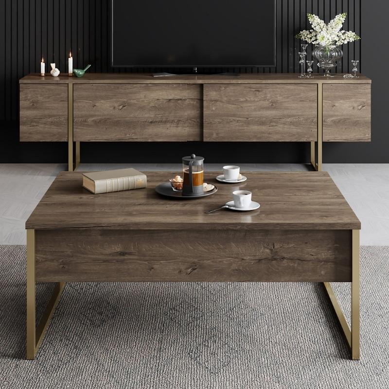 Luxe Megapap melamine TV furniture in walnut - gold color 180x30x50cm.