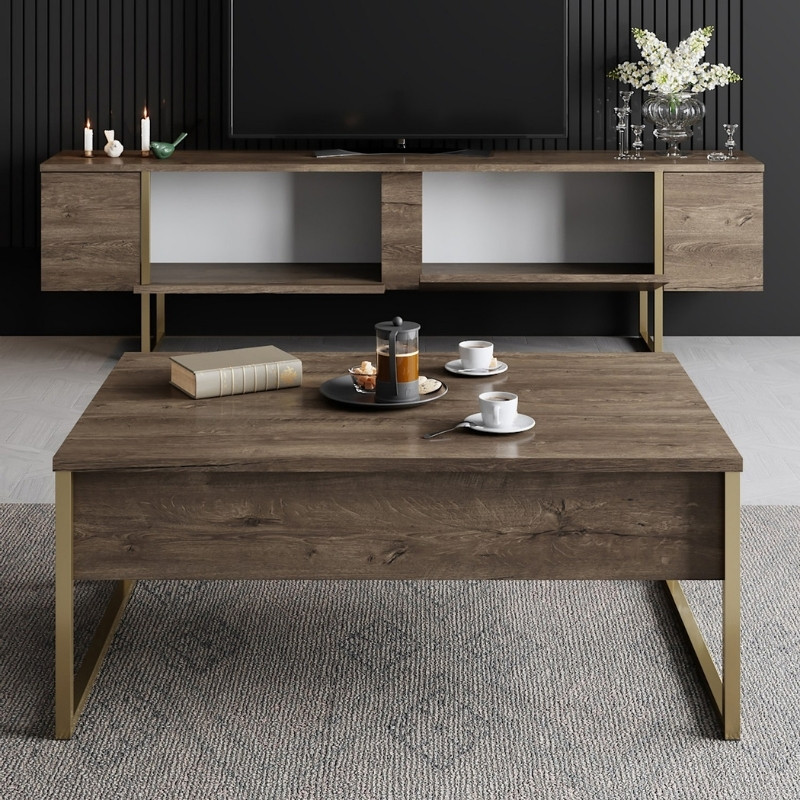 Luxe Megapap melamine TV furniture in walnut - gold color 180x30x50cm.