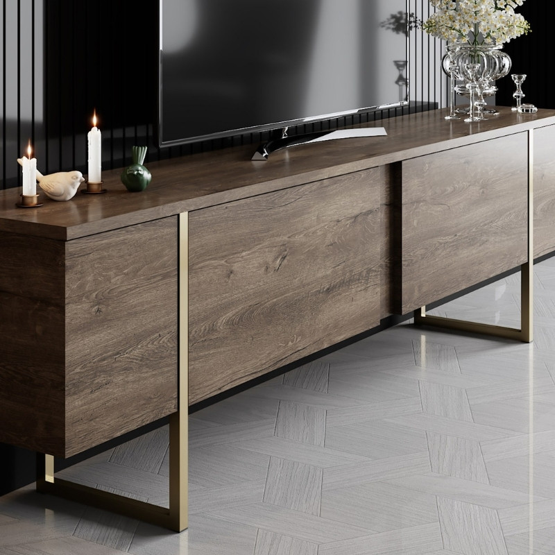 Luxe Megapap melamine TV furniture in walnut - gold color 180x30x50cm.