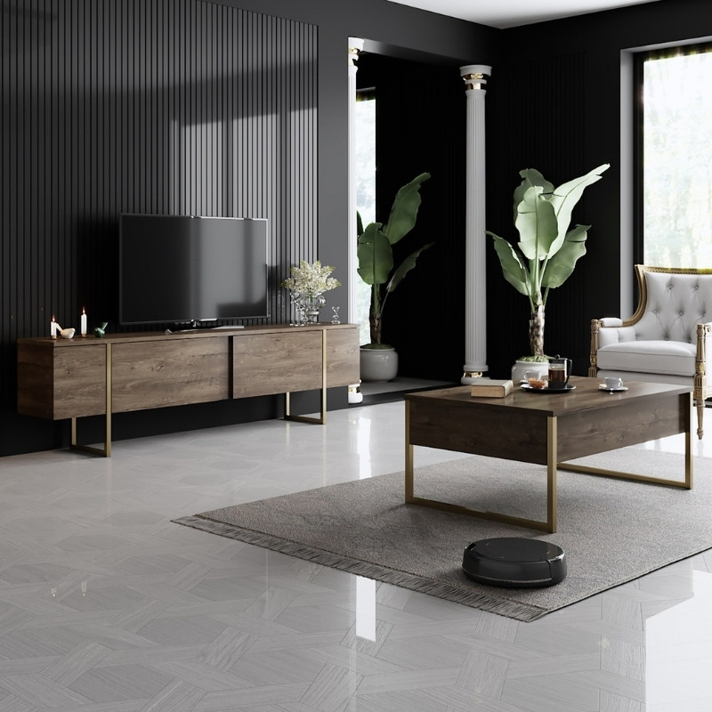 Luxe Megapap melamine TV furniture in walnut - gold color 180x30x50cm.