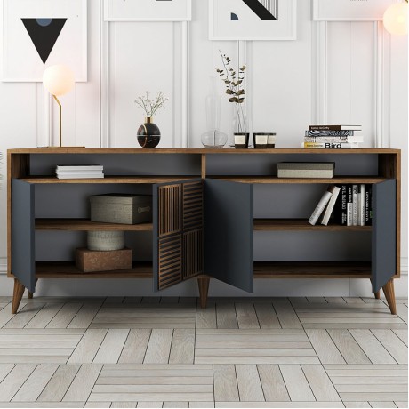 Milan Megapap melamine buffet in walnut - anthracite color 180x35x78,6cm.