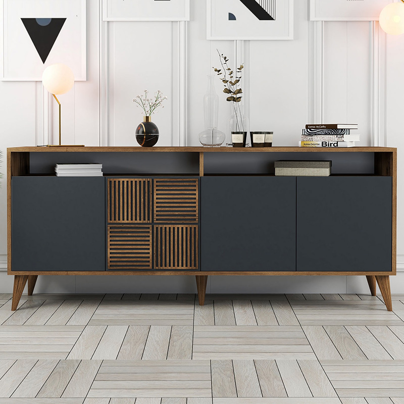 Milan Megapap melamine buffet in walnut - anthracite color 180x35x78,6cm.