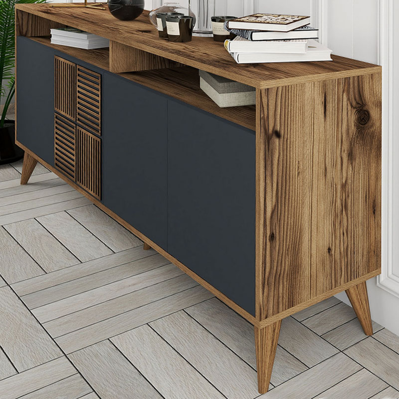 Milan Megapap melamine buffet in walnut - anthracite color 180x35x78,6cm.