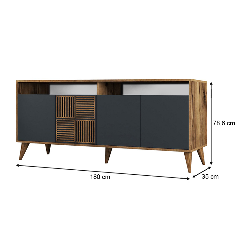 Milan Megapap melamine buffet in walnut - anthracite color 180x35x78,6cm.