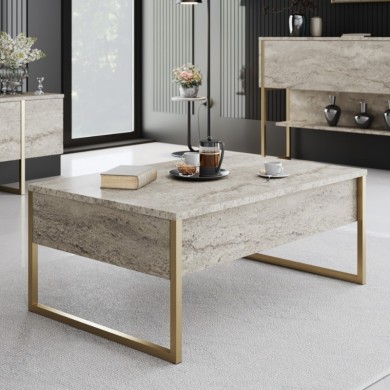 Luxe Megapap metal - melamine coffee table in travertine - gold color 90x60x40cm.
