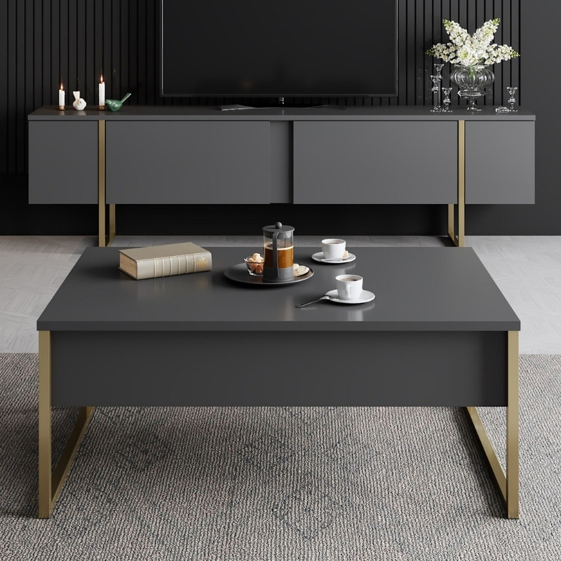 Luxe Megapap metal - melamine coffee table in anthracite - gold color 90x60x40cm.