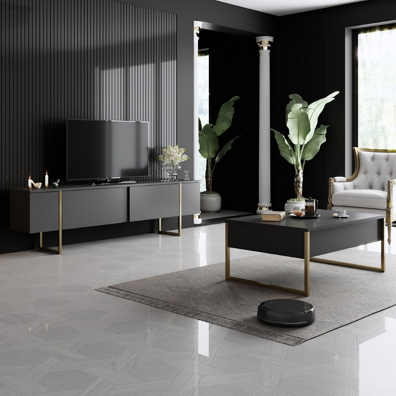Luxe Megapap metal - melamine coffee table in anthracite - gold color 90x60x40cm.