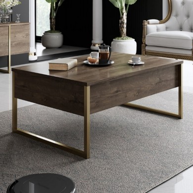 Luxe Megapap metal - melamine coffee table in walnut - gold color 90x60x40cm.