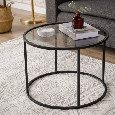 Startis Megapap metal - tempered glass coffee table in black color Ø60x43cm.