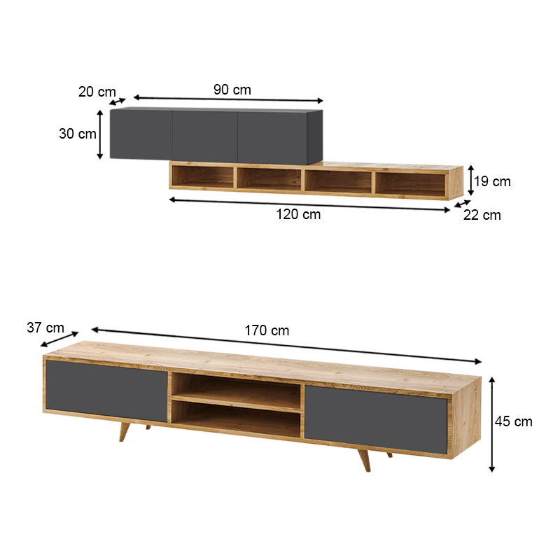 Serine Megapap TV Unit in sapphire oak - anthracite color 170x37x45cm.