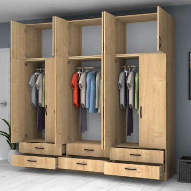 Ricardo Megapap six doors melamine wardrobe with cabinet in oak color 240x51,8x240cm.