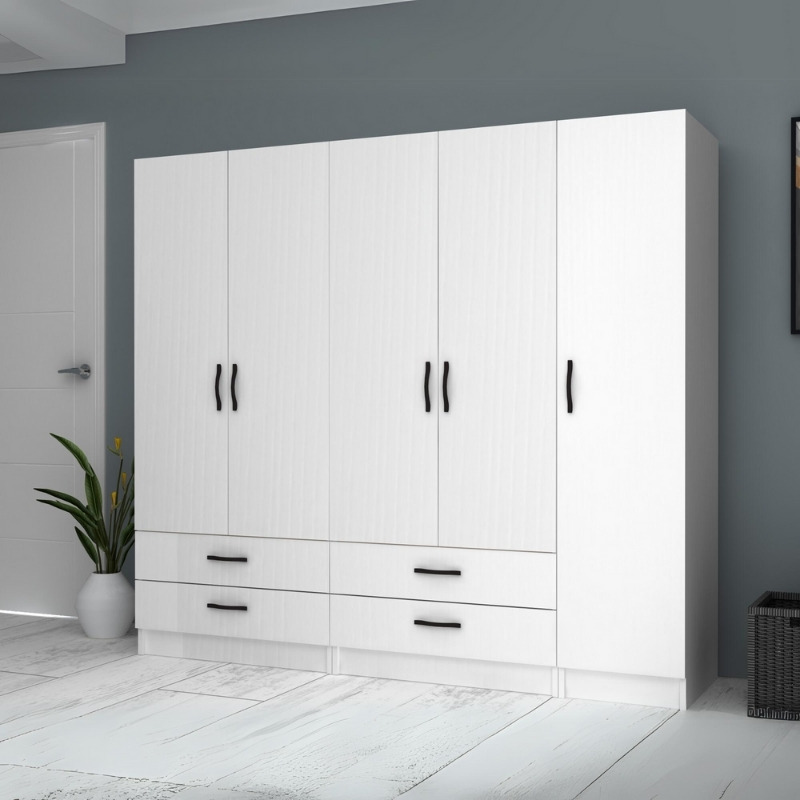 Ricardo Megapap five doors melamine wardrobe in white color 200x51,8x181cm.