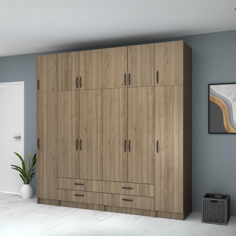 Ricardo Megapap six doors melamine wardrobe with cabinet  in walnut color 240x51,8x240cm.