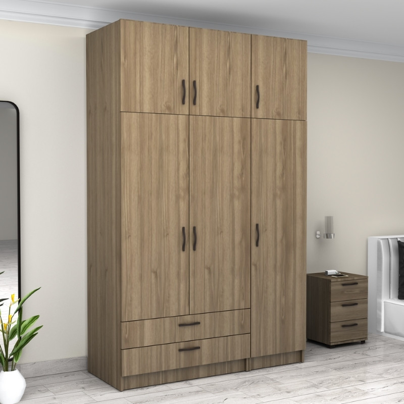 Victoria Megapap three doors melamine wardrobe with cabinet in walnut color 150x60x240cm.