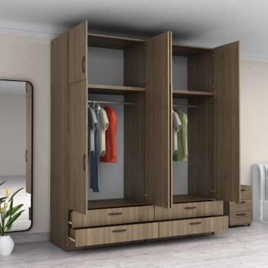Victoria Megapap four doors melamine wardrobe with cabinet in walnut color 200x60x240cm.