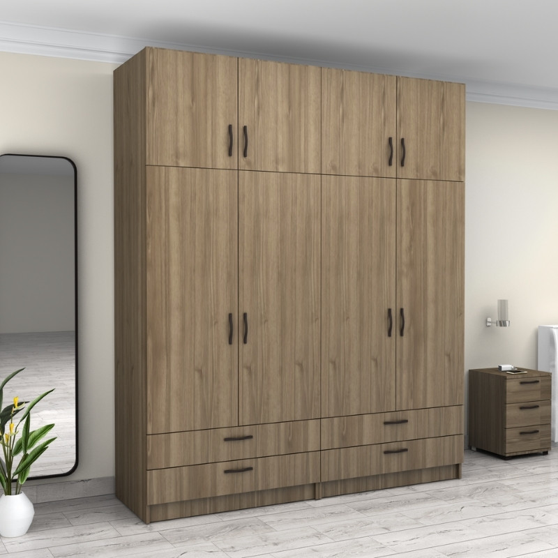 Victoria Megapap four doors melamine wardrobe with cabinet in walnut color 200x60x240cm.