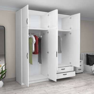 Victoria Megapap four doors melamine wardrobe with cabinet in white color 200x60x240cm.
