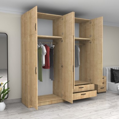 Victoria Megapap four doors melamine wardrobe with cabinet in oak color 200x60x240cm.