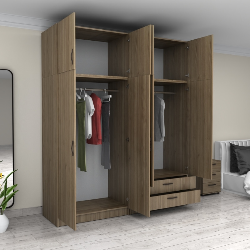Victoria Megapap four doors melamine wardrobe with cabinet in walnut color 200x60x240cm.
