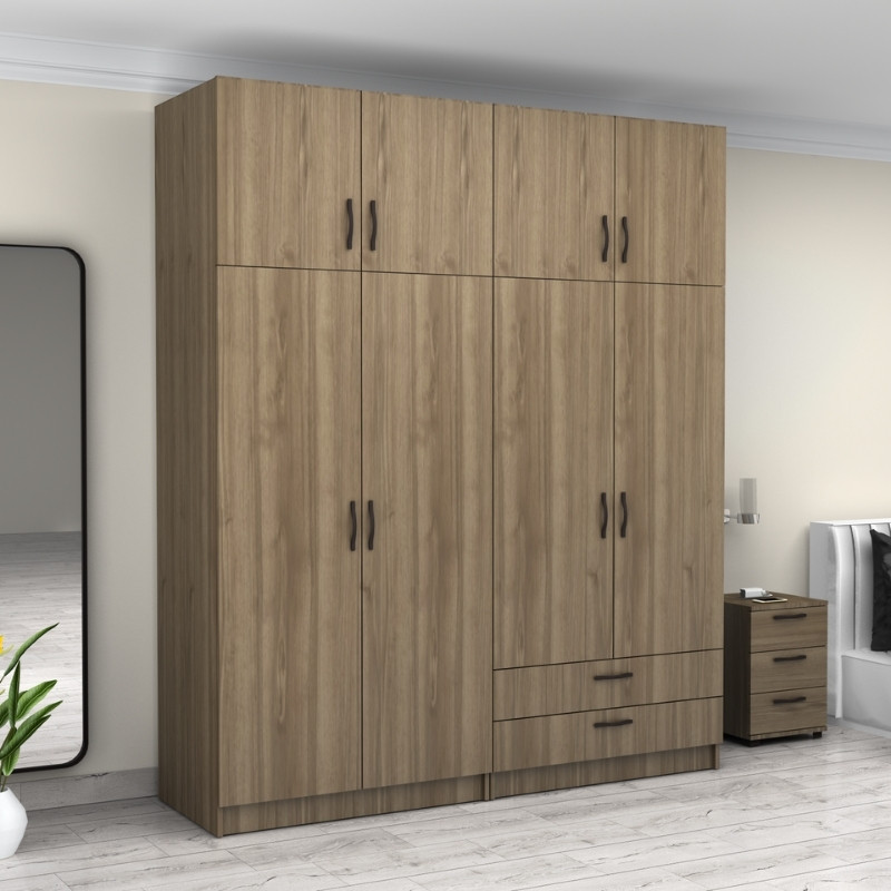 Victoria Megapap four doors melamine wardrobe with cabinet in walnut color 200x60x240cm.