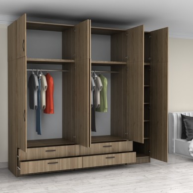 Victoria Megapap five doors melamine wardrobe with cabinet in walnut color 250x60x240cm.