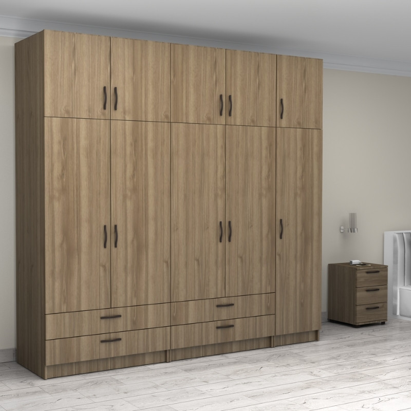 Victoria Megapap five doors melamine wardrobe with cabinet in walnut color 250x60x240cm.