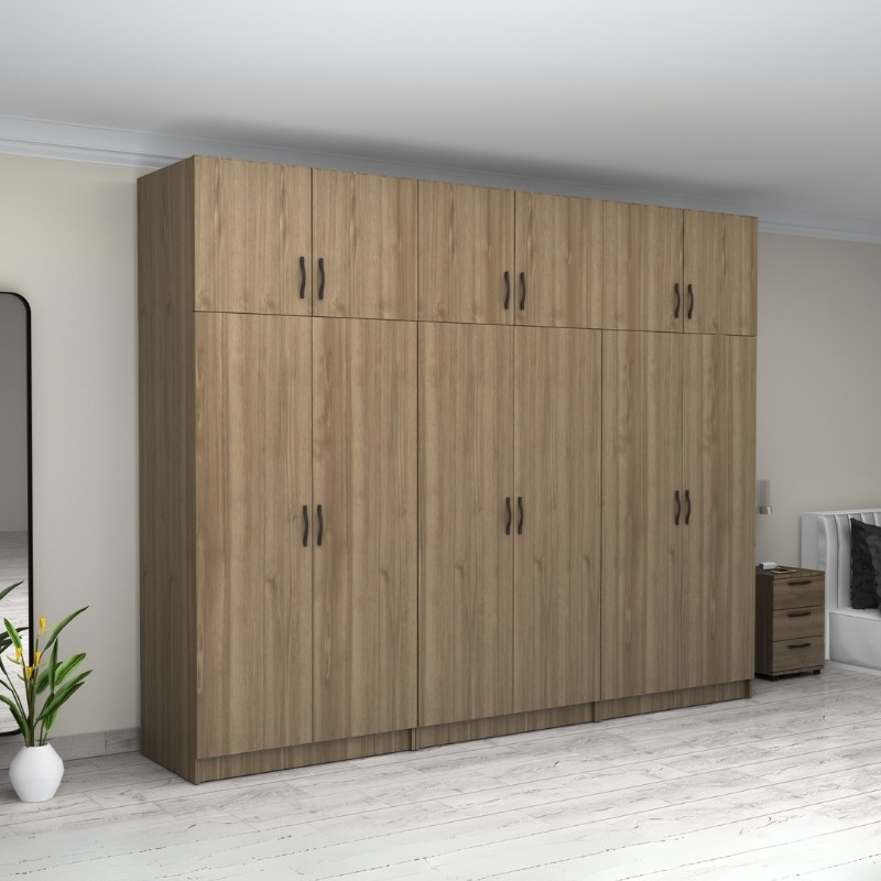Victoria Megapap six doors melamine wardrobe with cabinet in walnut color 300x60x240cm.