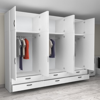 Victoria Megapap six doors melamine wardrobe with cabinet in white color 300x60x240cm.