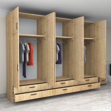 Victoria Megapap six doors melamine wardrobe with cabinet in oak color 300x60x240cm.