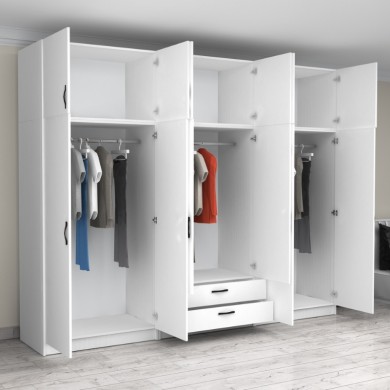 Victoria Megapap six doors melamine wardrobe with cabinet in white color 300x60x240cm.
