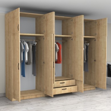 Victoria Megapap six doors melamine wardrobe with cabinet in oak color 300x60x240cm.