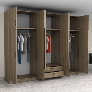 Victoria Megapap six doors melamine wardrobe with cabinet in walnut color 300x60x240cm.