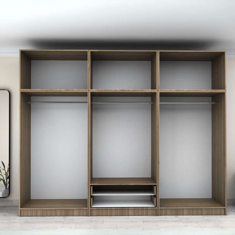 Victoria Megapap six doors melamine wardrobe with cabinet in walnut color 300x60x240cm.