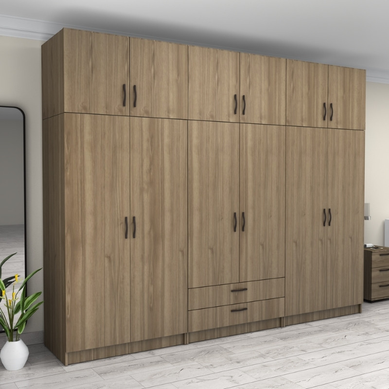 Victoria Megapap six doors melamine wardrobe with cabinet in walnut color 300x60x240cm.
