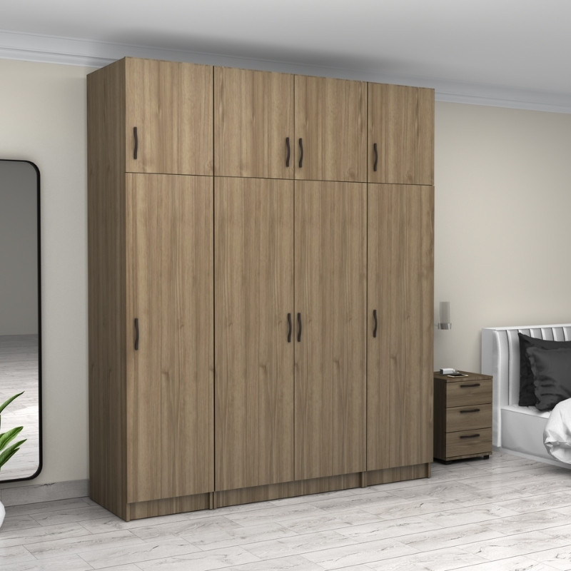 Victoria Megapap four doors melamine wardrobe with cabinet in walnut color 200x60x240cm.