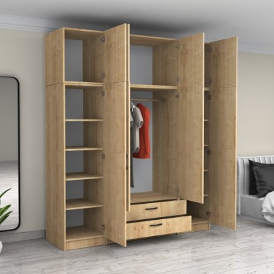 Victoria Megapap four doors melamine wardrobe with cabinet in oak color 200x60x240cm.