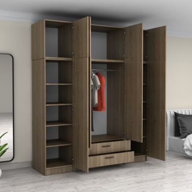 Victoria Megapap four doors melamine wardrobe with cabinet in walnut color 200x60x240cm.