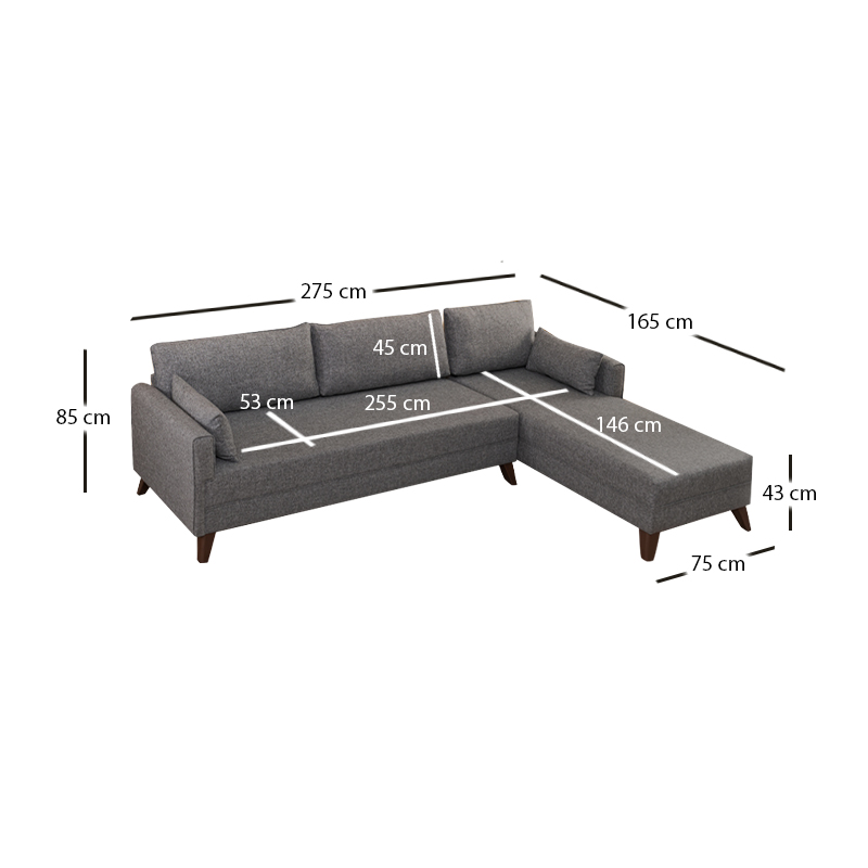 Bella Megapap fabric right corner sofa in anthracite color 275x165x85cm.